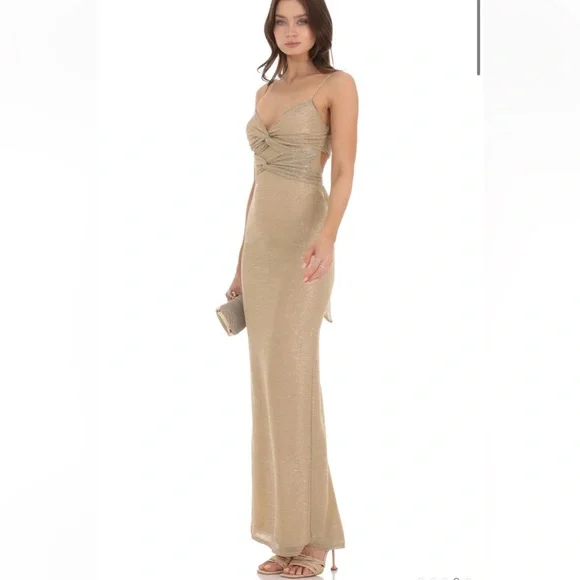 NEW WITH TAGS Lucy In The Sky Twist Shimmer Wrap Dress in Gold - Picture 2 of 7